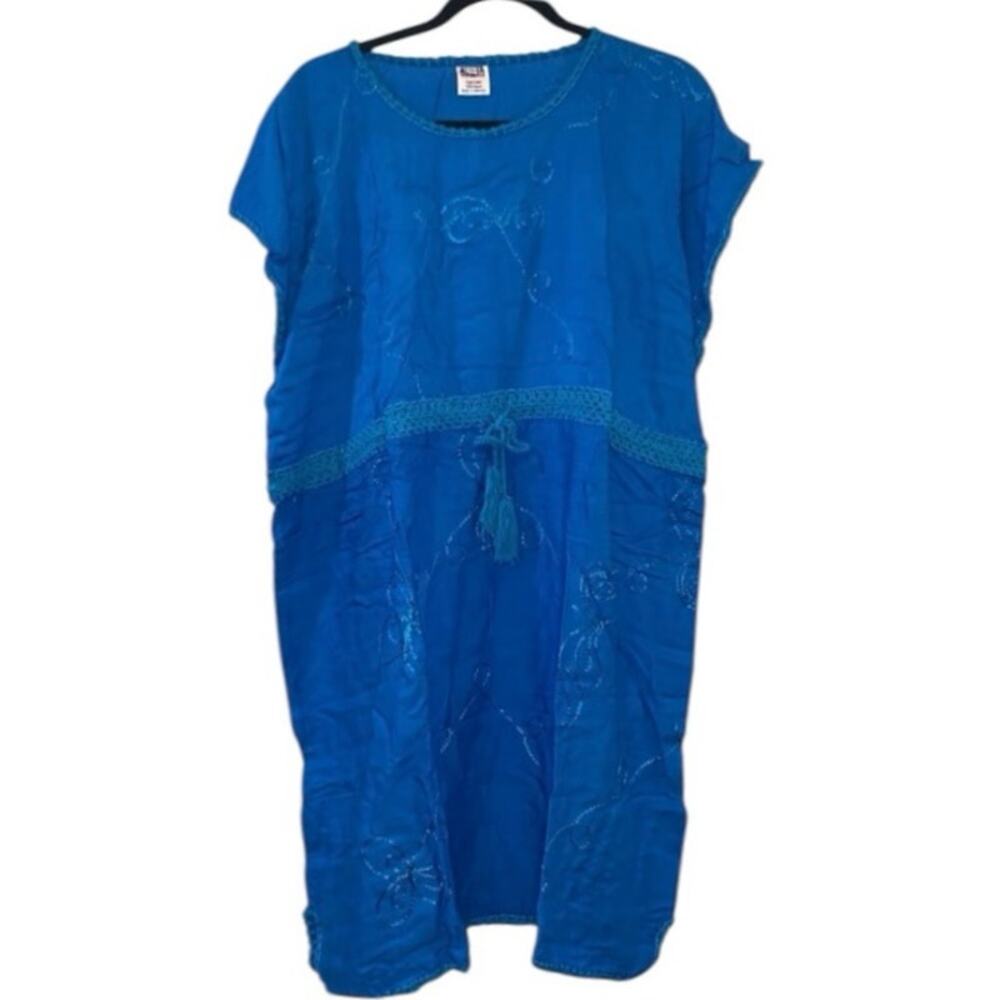 NWT Blue Embroidered Dress XL Tropical Beach Cover Up Tassel Waist Boho Resort